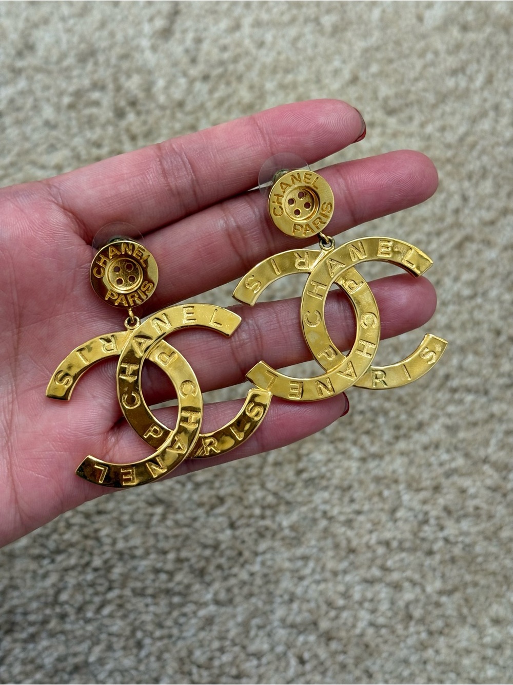 CHANEL Button Gold CC Logo Drop Earrings - Classic Gold Tone - Picture 3 of 15